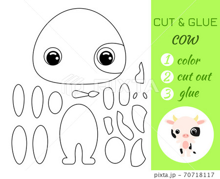 Coloring book cut and glue baby cow. Educational paper game for preschool children. Cut and Paste Worksheet. Color, cut parts and glue on paper.Cartoon character. Vector stock illustration. 70718117