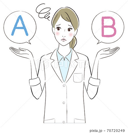 二つを比較している白衣の女性のイラストのイラスト素材