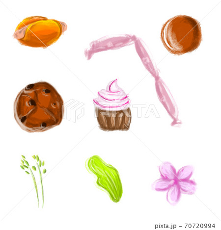 Food icons set. Hand drawn icons of fast food breakfast or cafee menu. Hot dog, sausages, cookie, cake, salad and vanilla flower Food icons set. Hand drawn icons of fast food breakfast or cafee menu. Hot dog, sausages, cookie, cake, salad and vanilla flower 70720994