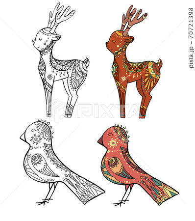 Set of doodle illustrations of christmas deer and tit with decoration. Contour and color drawing. Vector tribal object 70721398