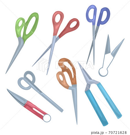Set of flat various types of color scissors. Secateurs and nippers. Sewing, gardening and hairdressing scissors. Cartoon vector tools 70721628