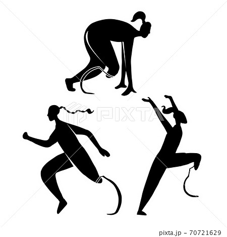 Set of black silhouettes of sports women athletes with prosthetic legs. World without borders. Runners with disabilities. Vector object 70721629