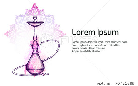 Horizontal banner with hookah with hatching, pink watercolor splashes, ornaments and tracery zen mandala on background. 70721689