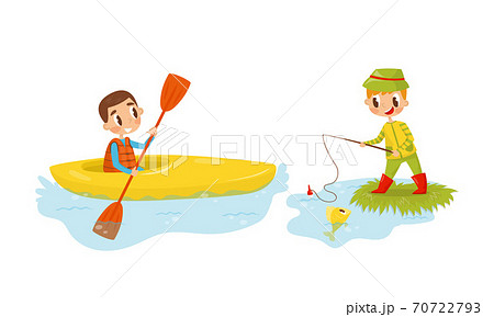 Little Boy Boating With Paddle And Fishing のイラスト素材