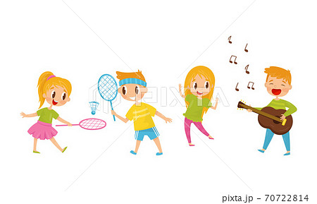 Little Boy and Girl Playing Guitar and Badminton Vector Illustration Set Little Boy and Girl Playing Guitar and Badminton Vector Illustration Set 70722814