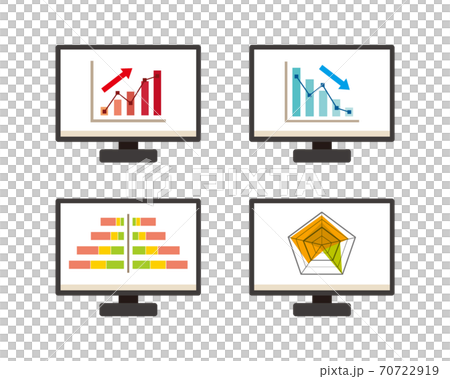 グラフを画面に表示したパソコンのベクターイラスト アイコンセットのイラスト素材