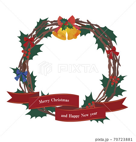 クリスマスリース 柊 リボン ベルの飾り枠 リボン装飾のイラスト素材