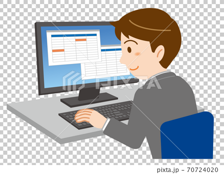 大画面のデスクトップパソコンで事務作業をするスーツ姿の若い男性のイラスト 白背景のイラスト素材