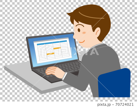 Illustration of a young man in a suit doing office work on a laptop in the office / white background 70724021