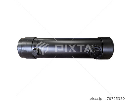 Cylinder lifting the body of a dump truck on an isolated white background. New spare parts. Cylinder lifting the body of a dump truck on an isolated white background. New spare parts. 70725320