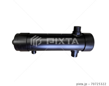 Cylinder lifting the body of a dump truck on an isolated white background. New spare parts. Cylinder lifting the body of a dump truck on an isolated white background. New spare parts. 70725322