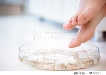 The picture of ideal done manicure and pedicure. Female legs in the spa spot. The picture of ideal done manicure and pedicure. Female legs in the spa spot. 70726126