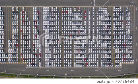 Aerial top view of new cars parking for sale stock lot row, dealer inventory import and export business commercial worldwide, Automobile and automotive industry distribution logistic global transport Aerial top view of new cars parking for sale stock lot row, dealer inventory import and export business commercial worldwide, Automobile and automotive industry distribution logistic global transport 70726434