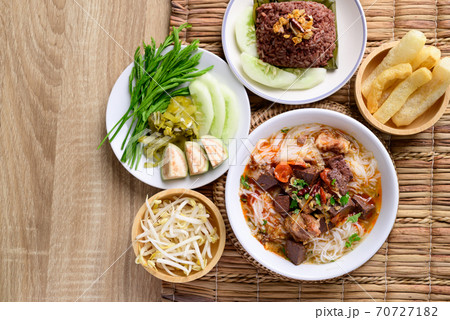 Northern Thai food, Rice noodles spicy soup with pork and pork blood  70727182