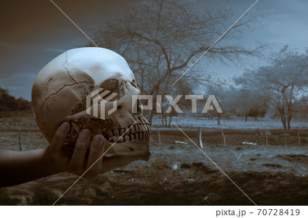 Hand holding a human skull with a dramatic scene background 70728419
