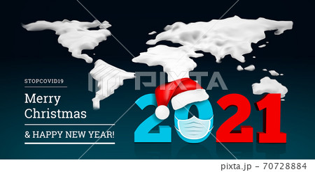 Happy New Year 2021 on the background of a snowy ice world map. Numbers 2021 under the hat of Santa Claus. Vector 70728884