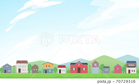 家の並んだ風景と空のフレームイラスト 16 9のイラスト素材