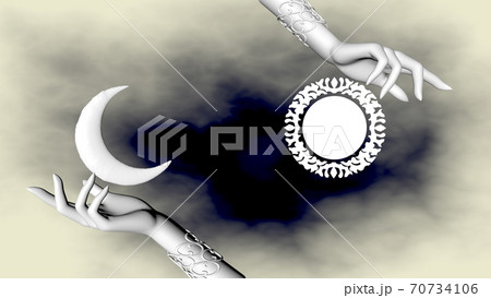 Day and night, the sun and the moon in women's hands. 3D rendering Day and night, the sun and the moon in women's hands. 3D rendering 70734106