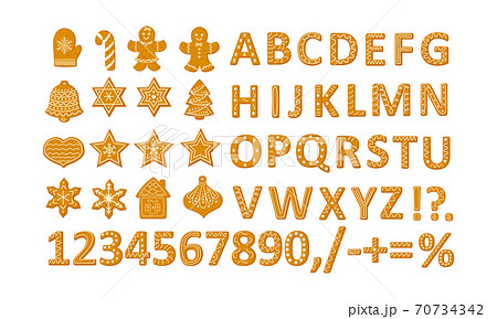 Gingerbread Christmas cookies set with stars snowflakes Christmas tree and ginger man, alphabet and numbers vector Gingerbread Christmas cookies set with stars snowflakes Christmas tree and ginger man, alphabet and numbers vector 70734342