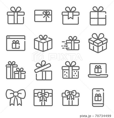 Gift box icon illustration vector set. Contains such icon as Christmas gift, Present, package, online, separate, Bow, and more. Expanded Stroke Gift box icon illustration vector set. Contains such icon as Christmas gift, Present, package, online, separate, Bow, and more. Expanded Stroke 70734499