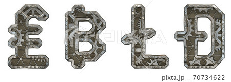 Mechanical alphabet made from rivet metal with gears on white background. Set of symbols lira, baht, litecoin, dashcoin. 3D Mechanical alphabet made from rivet metal with gears on white background. Set of symbols lira, baht, litecoin, dashcoin. 3D 70734622