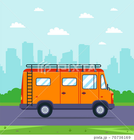 orange van goes to nature from the city. のイラスト素材 [70736169] - PIXTA