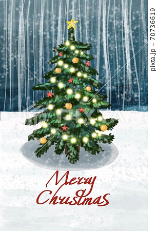Merry Christmas postcard filled. On a winter forrest background: Christmas tree, decorated w/ toys and Christmas lights and snow. Merry Christmas postcard filled. On a winter forrest background: Christmas tree, decorated w/ toys and Christmas lights and snow. 70736619