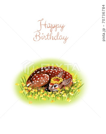 Happy birthday spring/summer postcard. On a white background: baby deer laying on a grass, decorated w/ flowers, isolated. Bembi watercolor. Happy birthday spring/summer postcard. On a white background: baby deer laying on a grass, decorated w/ flowers, isolated. Bembi watercolor. 70736784