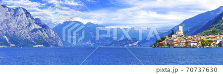 Lago di Garda - beautiful emerald lake in north of Italy. view of Malcesine village 70737630