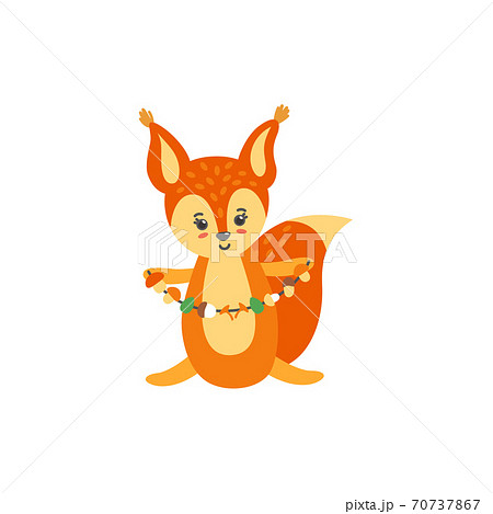 Squirrel with mushrooms isolated in white background. Illustration of sitting baby squirrel. Vector illustration 70737867