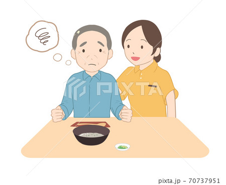 お粥を食べない高齢男性 女性介護士(線無し) お粥を食べない高齢男性 女性介護士(線無し) 70737951