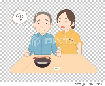 お粥を食べない高齢男性 女性介護士(線無し) お粥を食べない高齢男性 女性介護士(線無し) 70737951
