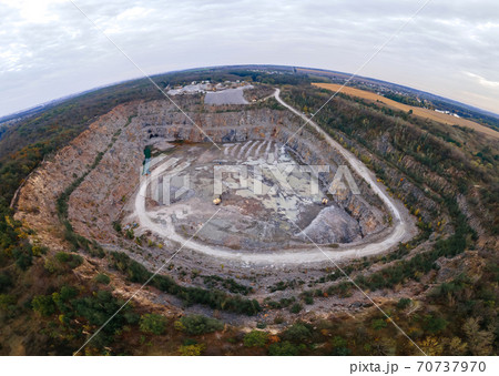 Aerial drone view of career in Europe, crushed stone quarry at summer sunset Aerial drone view of career in Europe, crushed stone quarry at summer sunset 70737970