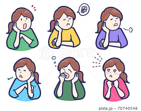 頬杖をついてあれこれ想う女性セットのイラスト素材