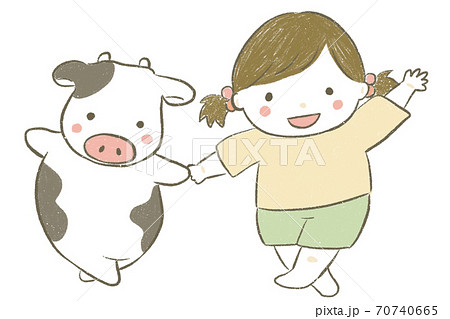 かわいい牛と女の子の挿し絵のイラスト素材