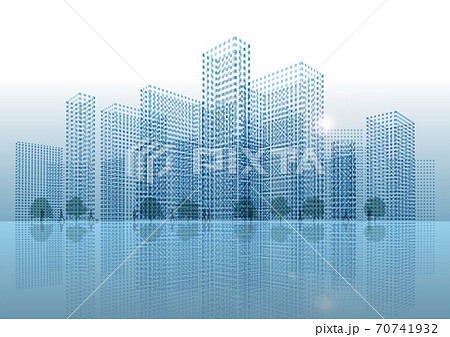 四角いドットで構成されたビルと人々の暮らしイメージ　サンプル文字なし　ベクターイラスト 70741932