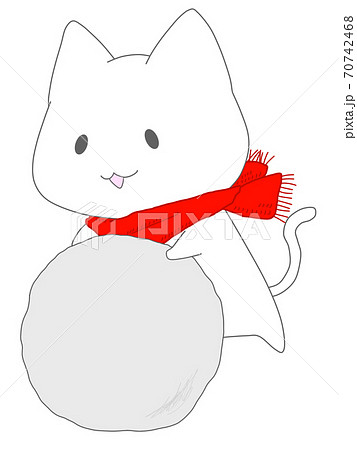 雪玉を転がす マフラーを巻いた猫のキャラクターのイラスト素材