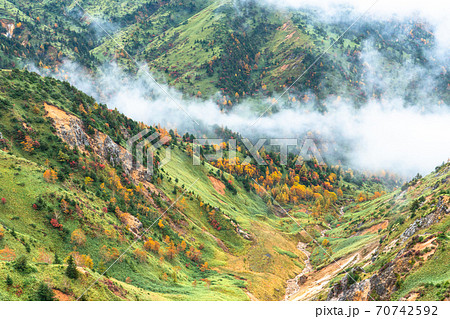 長野県 霧の志賀高原 紅葉の横手山の写真素材