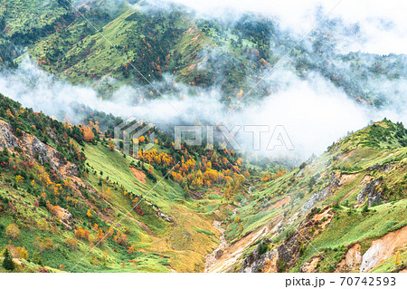 長野県 霧の志賀高原 紅葉の横手山の写真素材