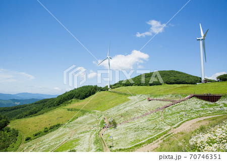 Beautiful mountain landscape, blue sky over hillside meadow 021 70746351