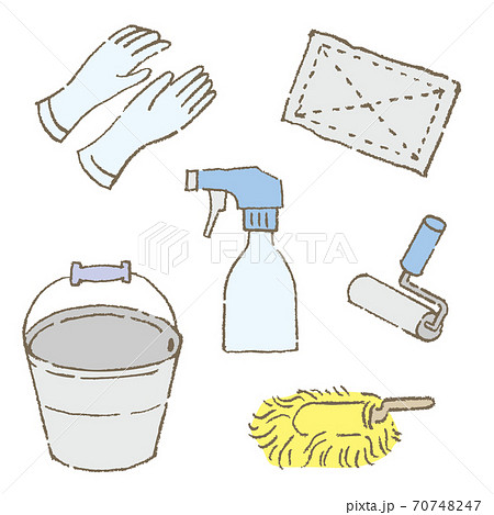 屋内用の掃除道具 イラストセット 手袋 雑巾 スプレー洗剤 コロコロ バケツ のイラスト素材