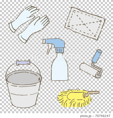 室內清潔工具插圖集（手套，抹布，噴霧清潔劑，滾筒，水桶） 70748247