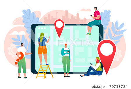 Technology app at smartphone screen, vector illustration. Map application at device, internet gps location and travel route navigation. 70753784