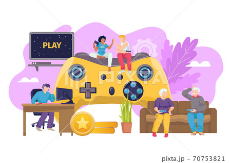 Computer game joystick for everyone vector illustration. Console technology for gamer play background, people family player. 70753821