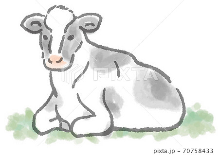 柔らかい水彩タッチの草の上で休む牛のイラスト 白背景のイラスト素材