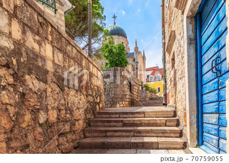 Narrow european street near Church of St. Jerome in Herceg Novi, Montenegro 70759055