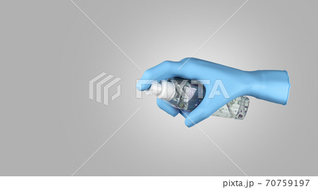 a medical glove holds a jar of antiseptic sanitizer gel 3d render on grey gradient 70759197