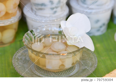 Lychee in syrup, Thai traditional dessert. Lychee in syrup, Thai traditional dessert. 70759304
