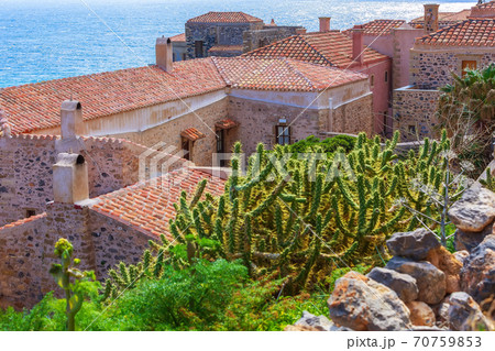 Monemvasia houses and sea in Peloponnese, Greece 70759853