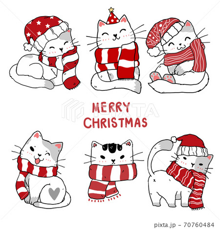 cute Christmas kitten cat hand drawing clip art collection 70760484